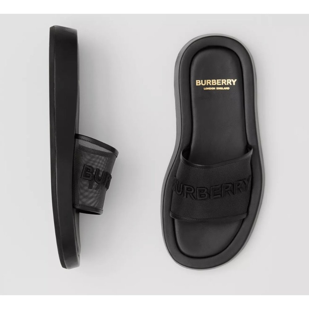 BURBERRY Womens Black Embroidered Logo Mesh and Leather Slides Size US 9/39E/UK6